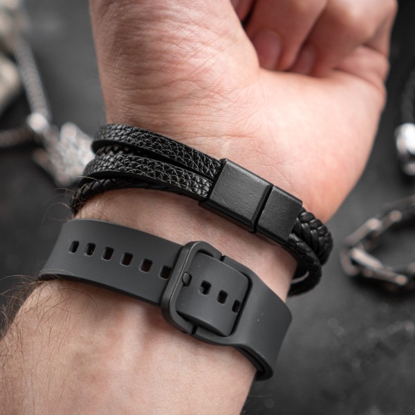 Браслет мужской кожаный METAL COLOR: A3 черный плетеный 15-17 см (2396415400)