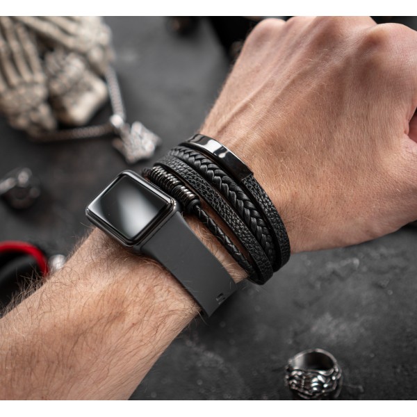 Браслет мужской кожаный METAL COLOR: A3 черный плетеный 15-17 см (2396415400)